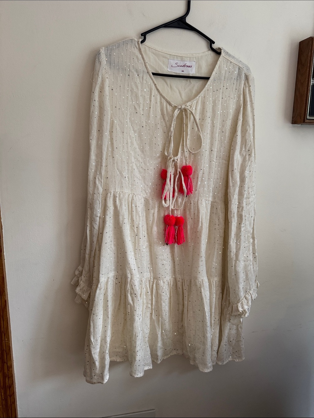 Sundress Ivory Tie-Front Tiered Dress with Pink Tassels